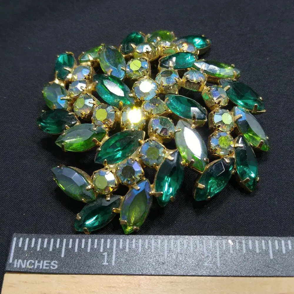 Green Aurora Borealis Rhinestone Brooch, Gold Plated, 1960s Vintage Jewelry